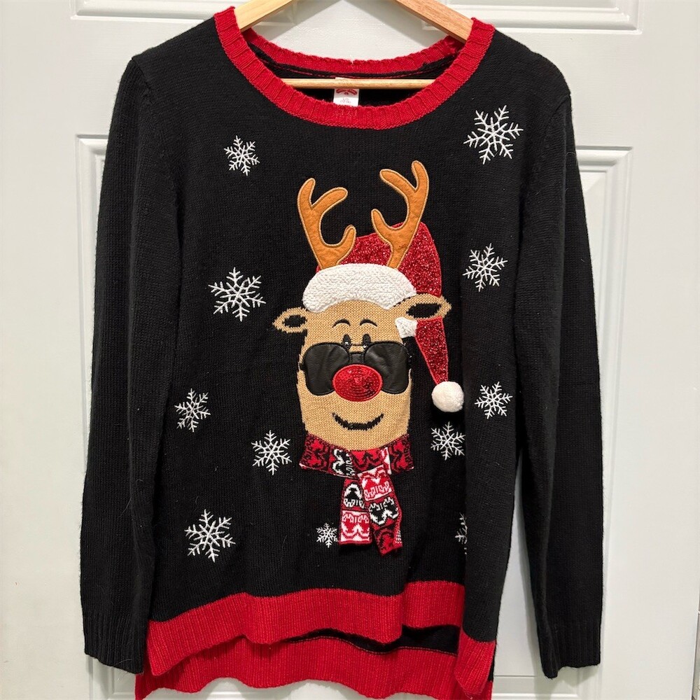Holiday Time Sweater Womens L Rudolph Reindeer Christmas Pullover Black